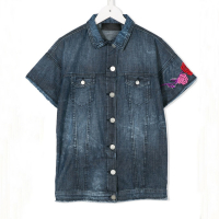 Men's denim short-sleeved shirt With Embroidered and Printed